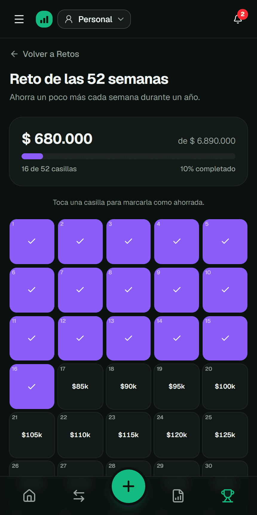 Tablero del reto de 52 semanas en la app Fluvi