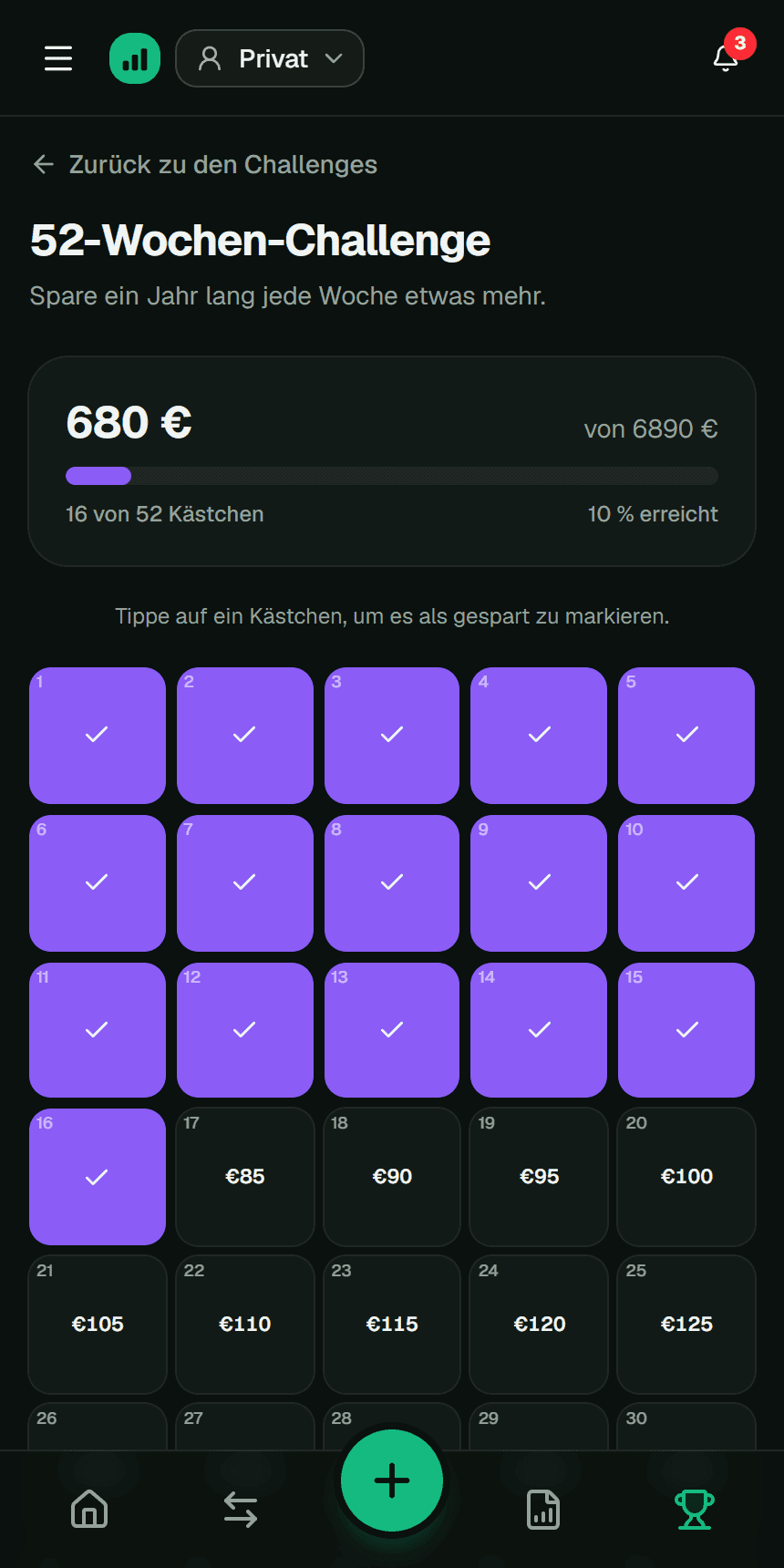 Tafel der 52-Wochen-Challenge in der Fluvi-App