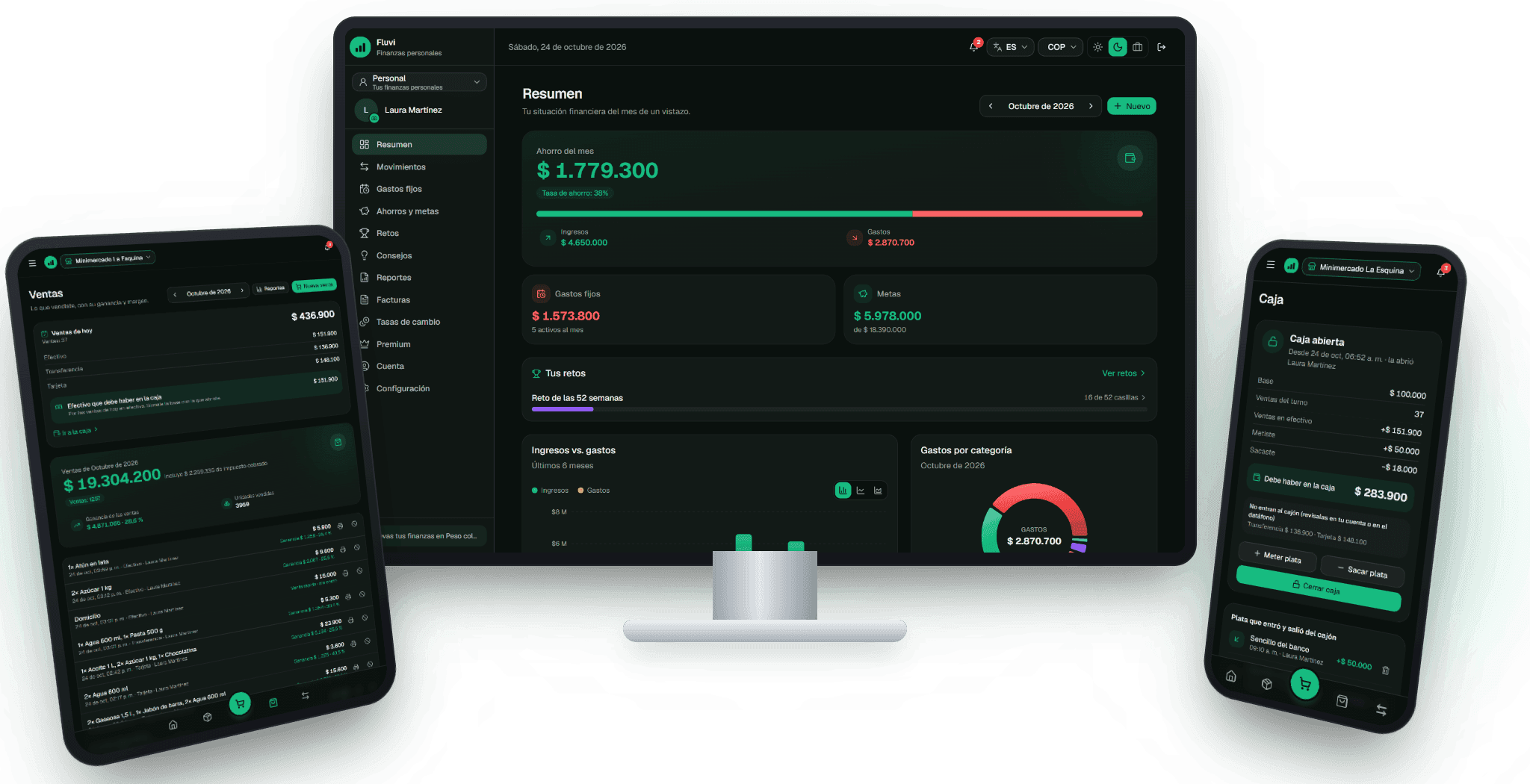 Fluvi en monitor, tablet y teléfono — tema Oscuro