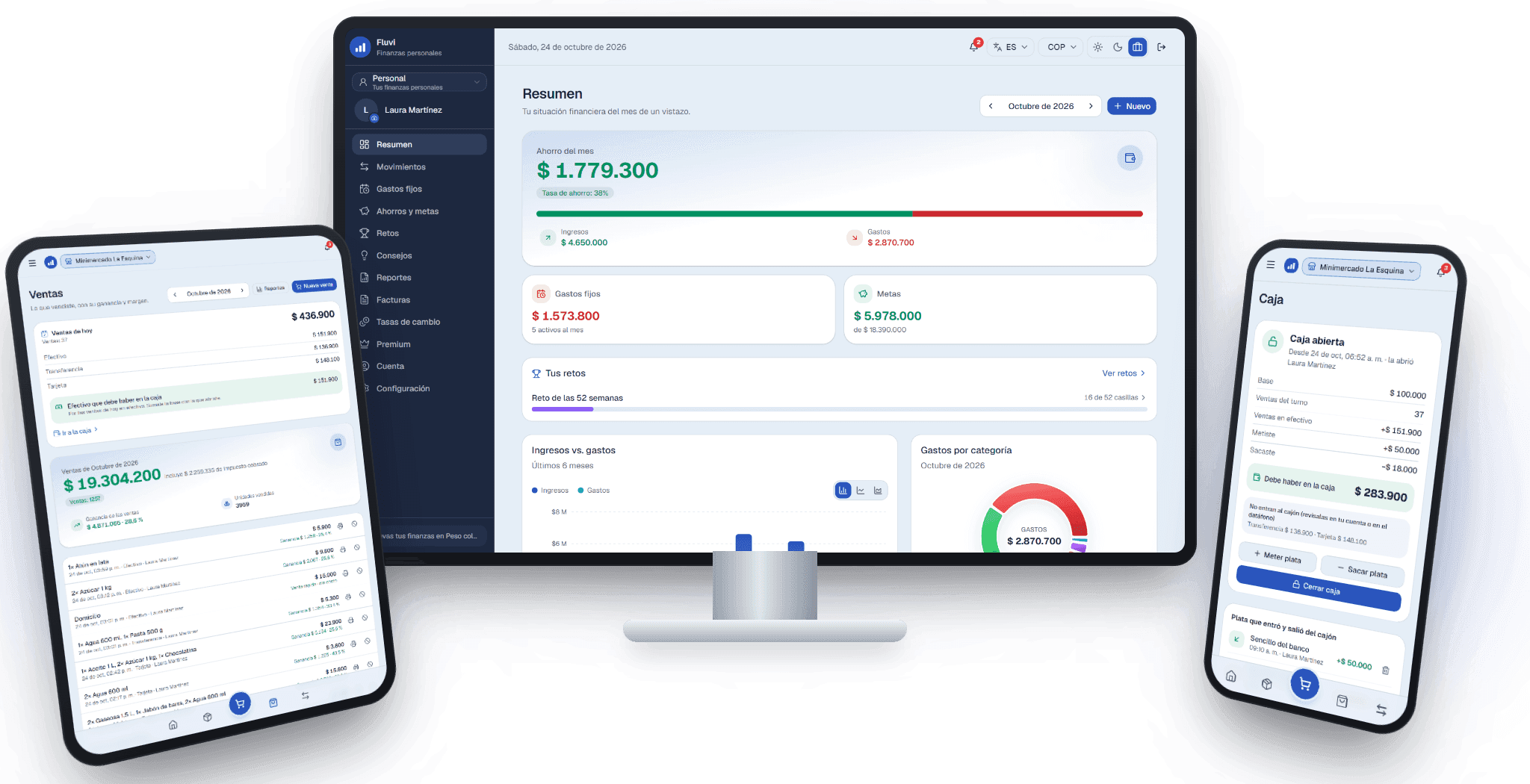 Fluvi en monitor, tablet y teléfono — tema Profesional
