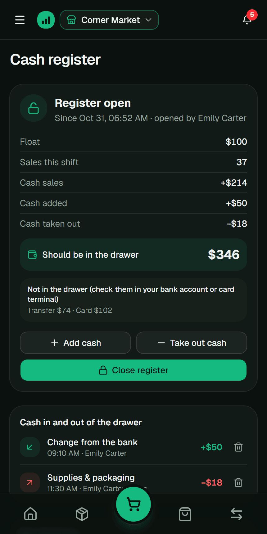 Open cash register with the float and cash sales in the Fluvi app