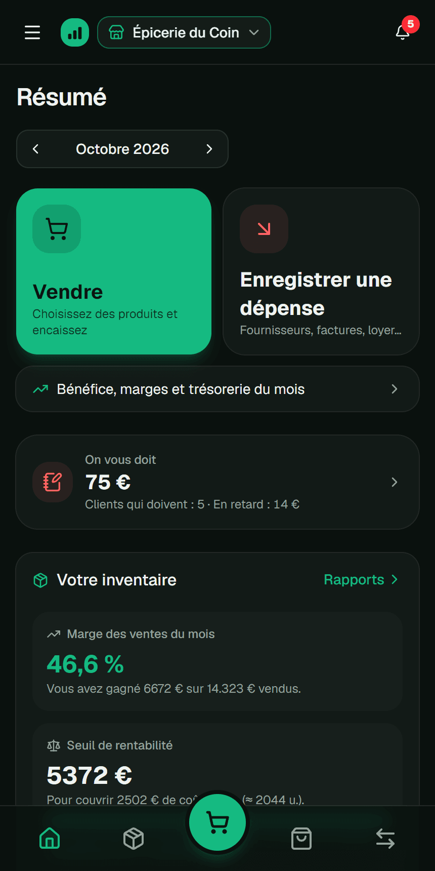 Tableau de bord du commerce dans l’app Fluvi avec les alertes et le résumé du mois