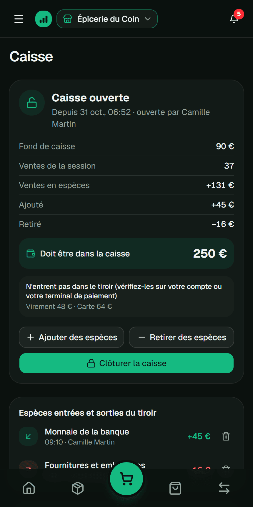 Caisse ouverte avec le fond de caisse et les ventes en espèces dans l’app Fluvi