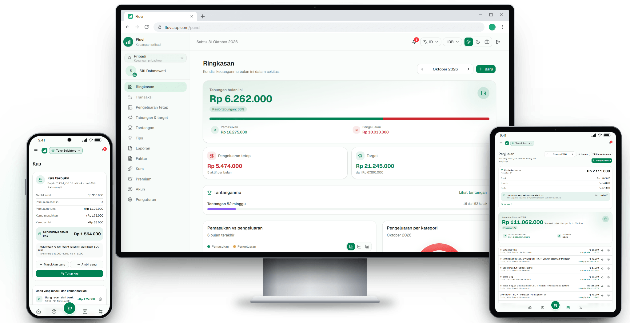 Fluvi di ponsel, browser komputer, dan tablet: kas usaha, ringkasan keuanganmu, dan penjualan hari ini — tema terang