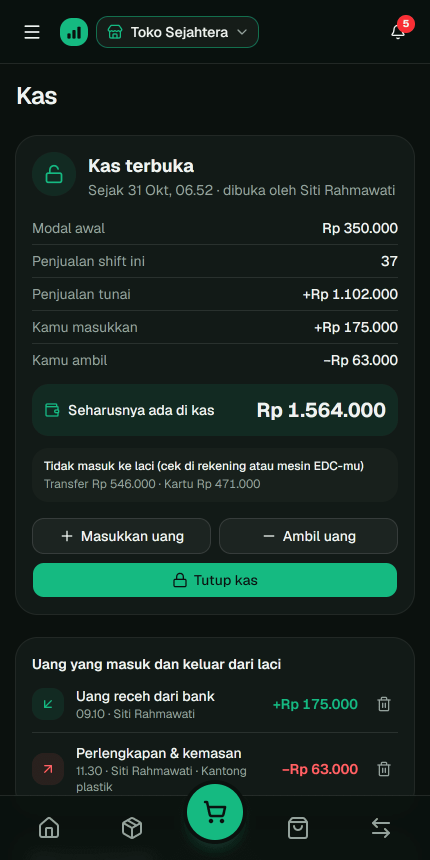 Kas terbuka dengan modal kas dan penjualan tunai di aplikasi Fluvi