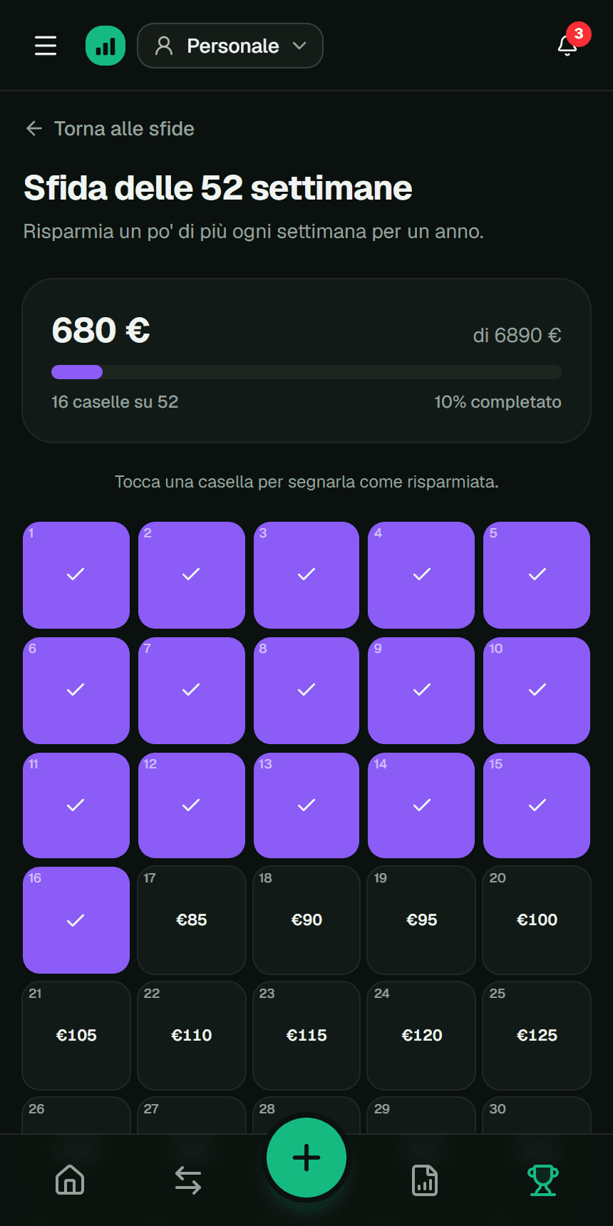 Tabellone della sfida delle 52 settimane nell’app Fluvi