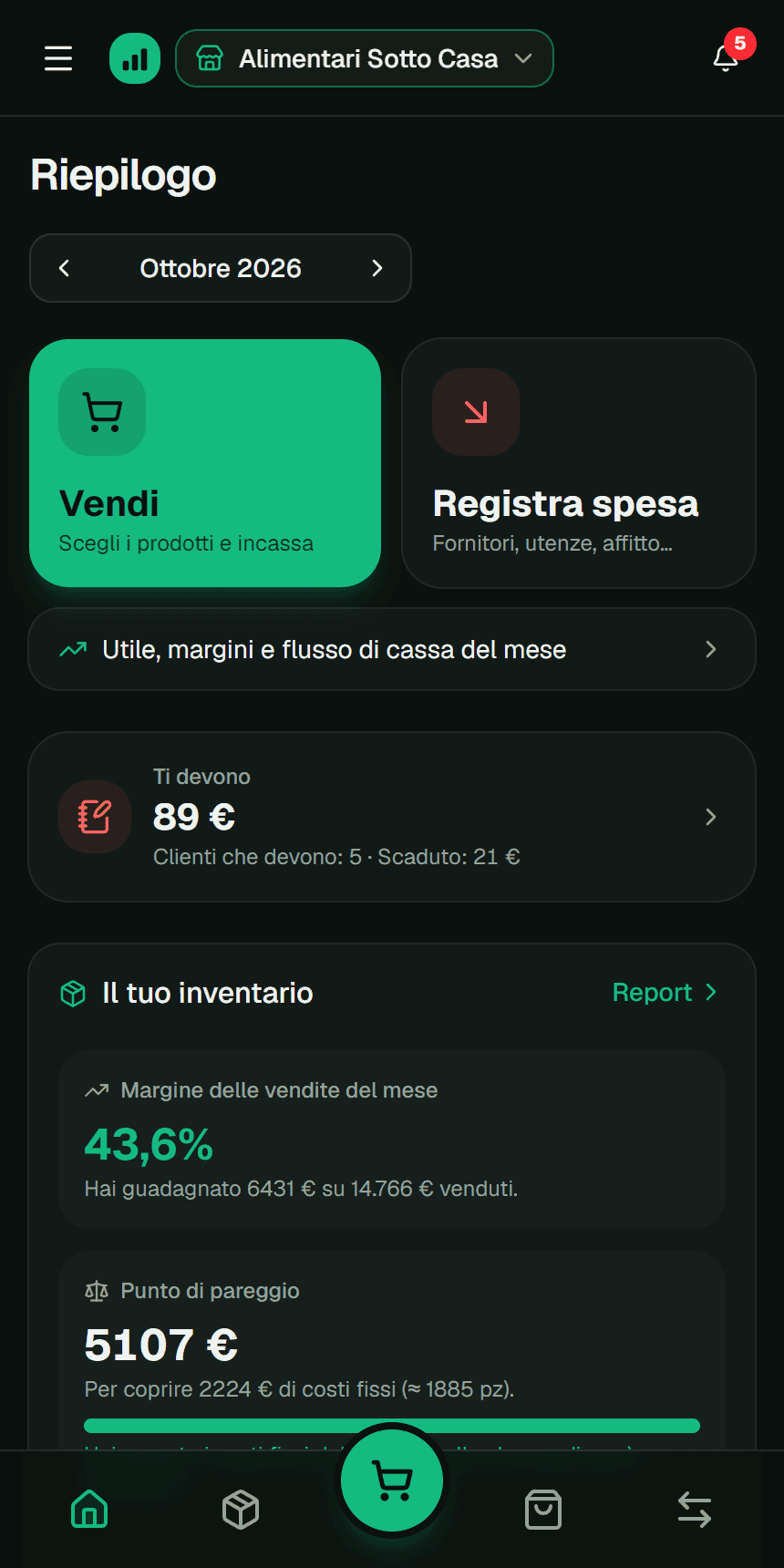 Pannello dell’attività nell’app Fluvi con gli avvisi e il riepilogo del mese