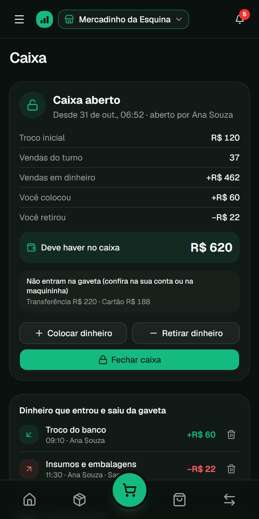 Caixa aberto com o fundo de troco e as vendas em dinheiro no app Fluvi