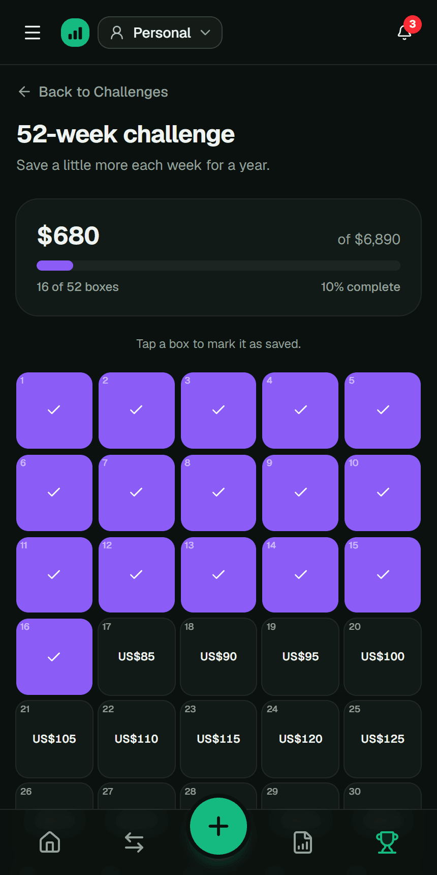 The 52-week challenge board in the Fluvi app
