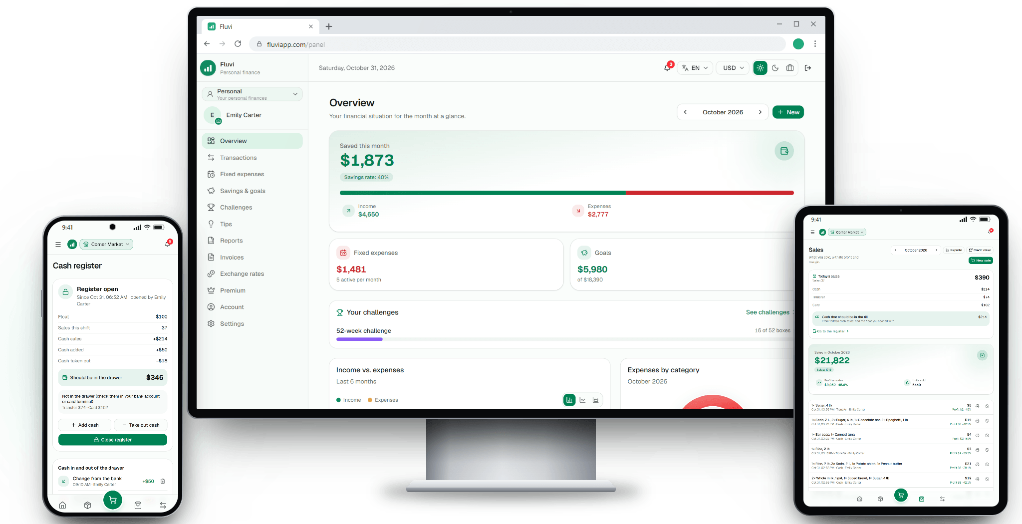 Fluvi on a phone, a desktop browser and a tablet: the shop’s cash register, your monthly overview and today’s sales — light theme