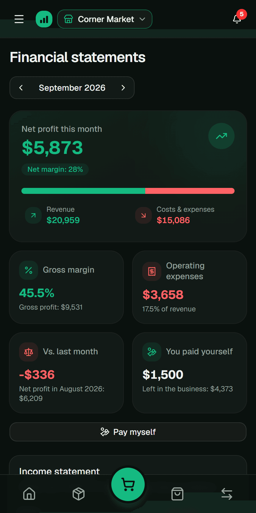 Financial statements with the month’s profit and margins in the Fluvi app