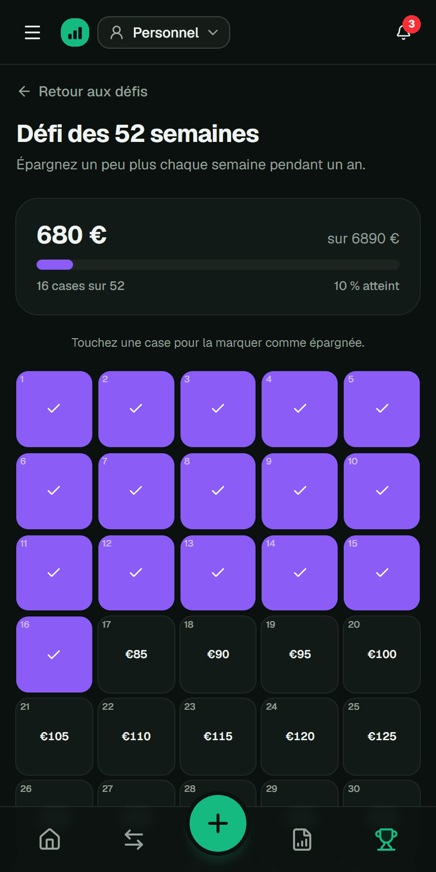 Tableau du défi des 52 semaines dans l’app Fluvi
