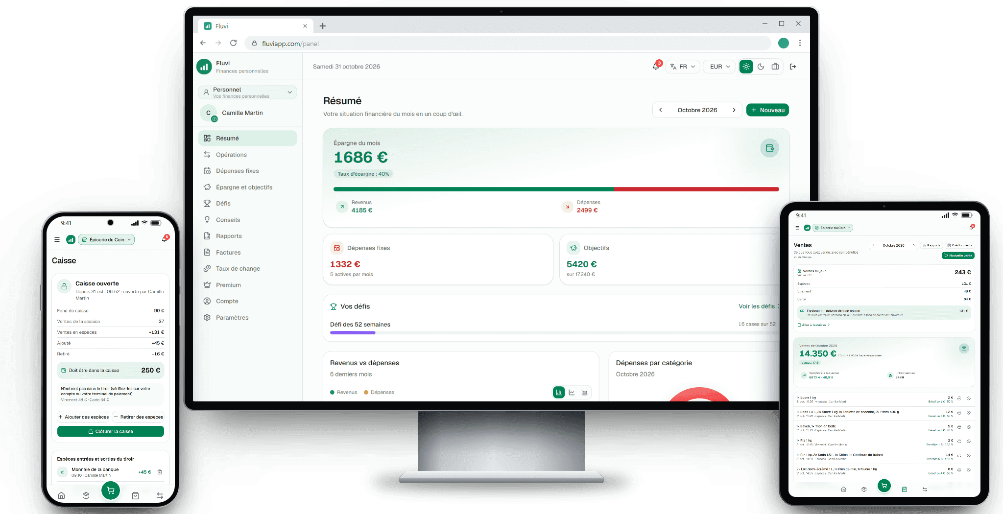 Fluvi sur un téléphone, dans le navigateur d’un ordinateur et sur une tablette : la caisse du commerce, le résumé de vos finances et les ventes du jour — thème clair