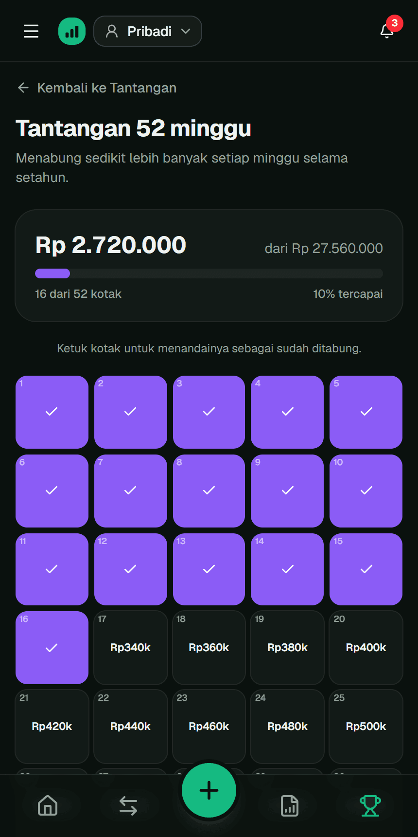 Papan tantangan 52 minggu di aplikasi Fluvi