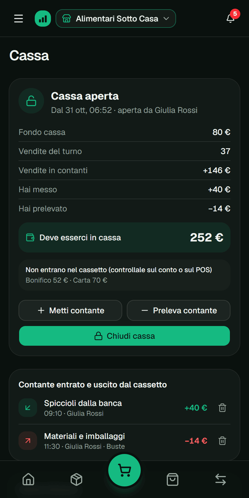Cassa aperta con il fondo cassa e le vendite in contanti nell’app Fluvi