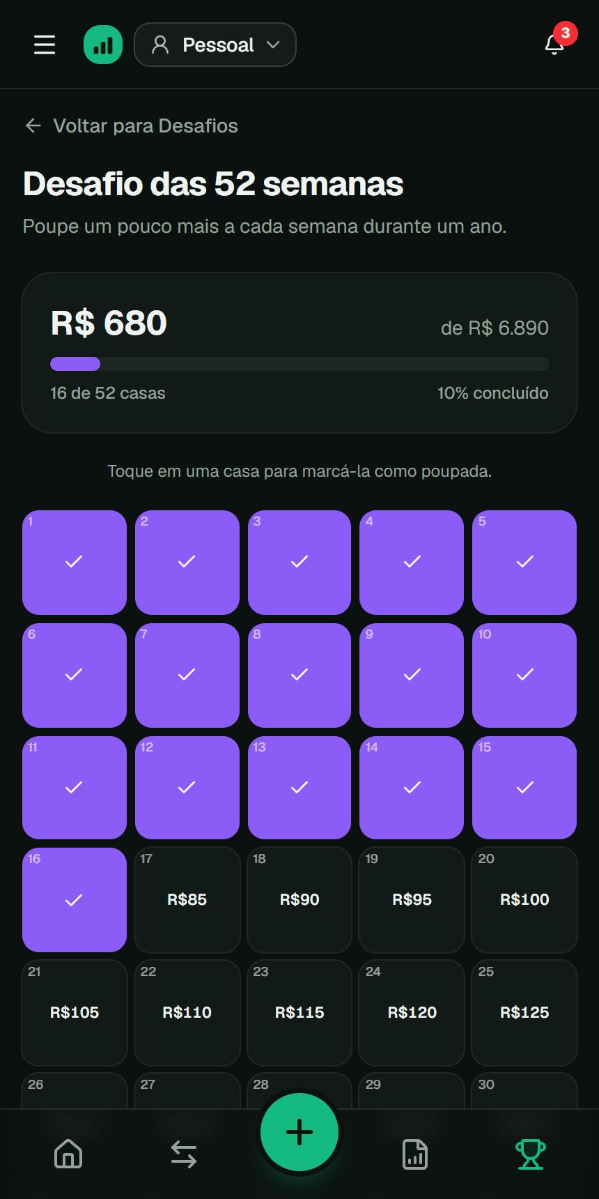 Quadro do desafio das 52 semanas no app Fluvi