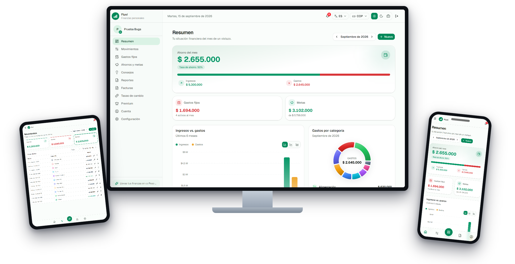 Fluvi en monitor, tablet y teléfono — tema Claro