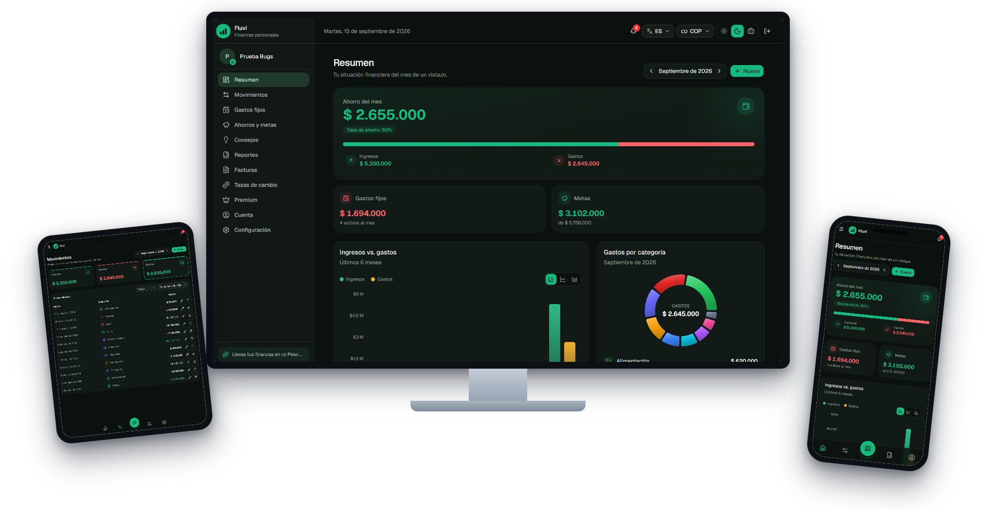 Fluvi en monitor, tablet y teléfono — tema Oscuro