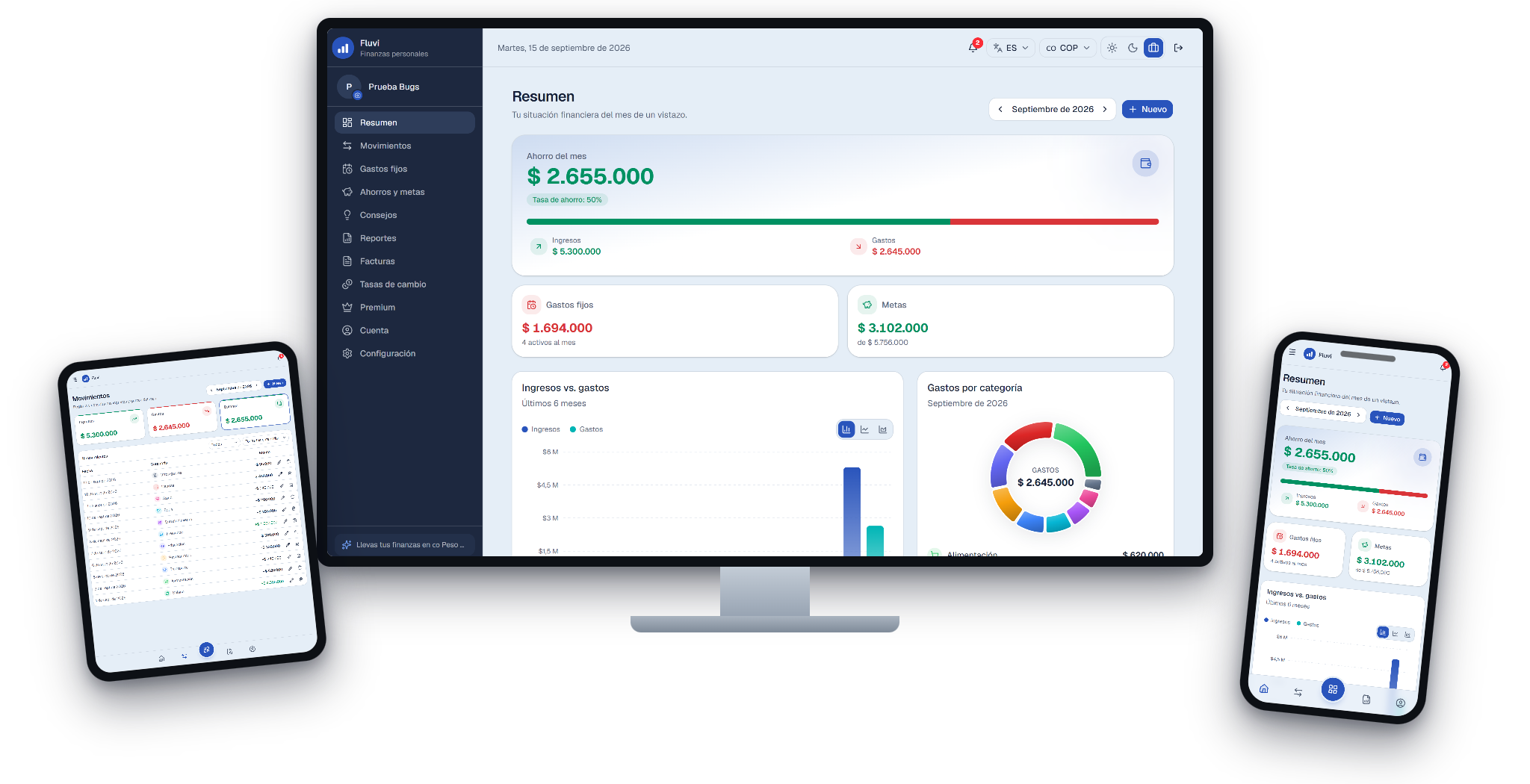 Fluvi en monitor, tablet y teléfono — tema Profesional